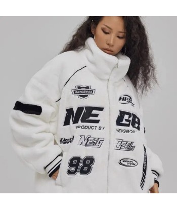 Size S-2XL Racing Jacket E Girls white and black Imitation Rabbit Fur Jacket Women Size S-2XL france