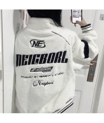 Size S-2XL Racing Jacket E Girls white and black Imitation Rabbit Fur Jacket Women Size S-2XL france