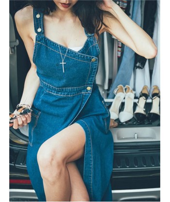 Denim Midi Dress with Pockets Perfect in 90s Style Paris Déstockage Promo