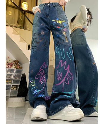 High-waisted graffiti jeans for 90s fashion de pas cher