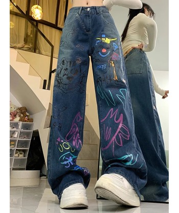 High-waisted graffiti jeans for 90s fashion de pas cher