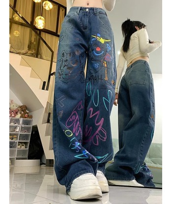 High-waisted graffiti jeans for 90s fashion de pas cher