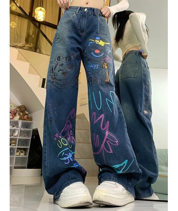 High-waisted graffiti jeans for 90s fashion de pas cher