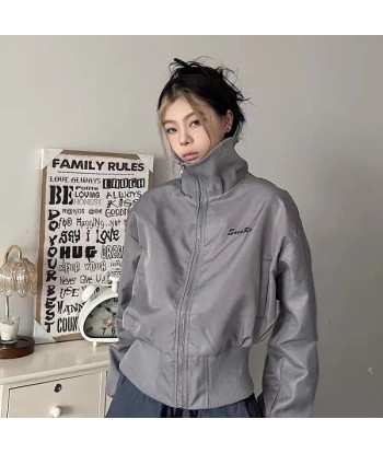 Stand-up Collar Gray Jacket for Women Y2K Aesthetic brillant des détails fins