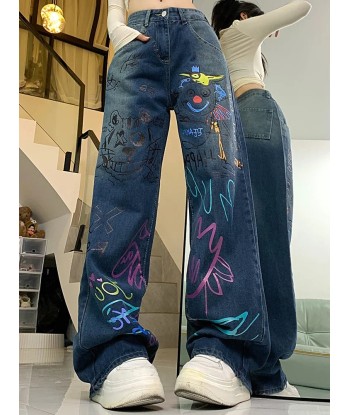 High-waisted graffiti jeans for 90s fashion de pas cher