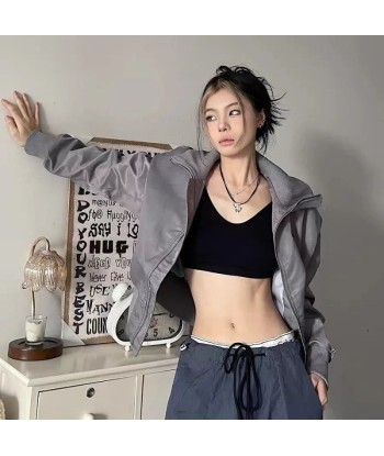 Stand-up Collar Gray Jacket for Women Y2K Aesthetic brillant des détails fins