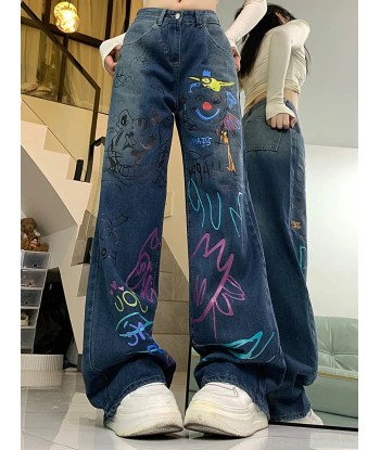 High-waisted graffiti jeans for 90s fashion de pas cher