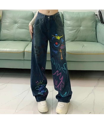 High-waisted graffiti jeans for 90s fashion de pas cher