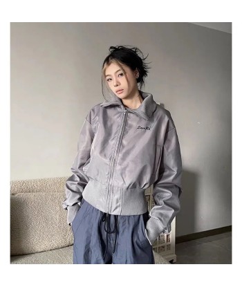 Stand-up Collar Gray Jacket for Women Y2K Aesthetic brillant des détails fins