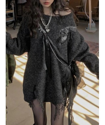 Gothic Oversized Sweater for Women Off-Shoulder Comfortable Style basket pas cher