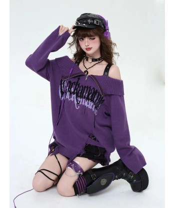 Lila Off-Shoulder Pullover with Ripped Details Gyaru les ctes