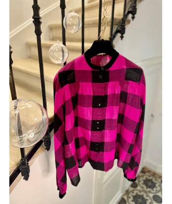 Blouse à carreaux fuchsia et noir de technologie